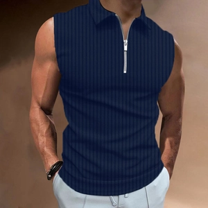 Detailed view of dark blue ribbed knit fabric and silver zipper on men's sleeveless polo shirt