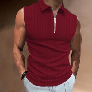 Detail of burgundy slim fit sleeveless polo with vertical stripes and zipper collar