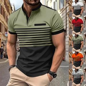 Detail of men's polo shirt with striped design and multi-color options in urban setting