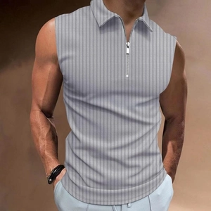 Detail of light grey sleeveless polo shirt with vertical stripes and metal half-zipper