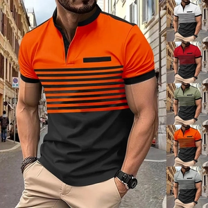 Detail view of men's polo shirt featuring a zip collar and contrast striped pattern