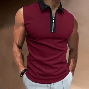 Ärmelloses Polo-Shirt für Herren in Weinrot mit schwarzem Kontrastkragen und Reißverschluss