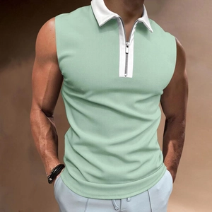Schmal geschnittenes ärmelloses Herren-Poloshirt in Minzgrün mit weißem Kragen und Reißverschluss