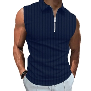 Men's navy blue sleeveless polo shirt with zip neck and vertical stripes in a slim fit style