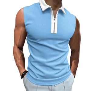 Ärmelloses Herren Polo-Shirt in Hellblau mit Reißverschluss und weißem Kragen, Slim Fit
