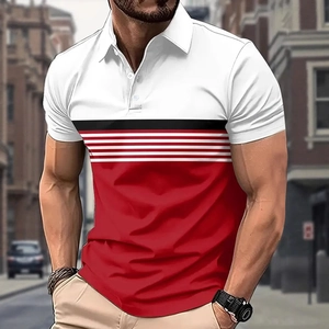 Men's slim fit polo shirt featuring red and white color blocking with striped details