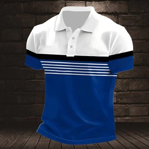 Men's Slim Fit Color Block Polo Shirt Striped Ribbed Short Sleeve Casual Spliced Top Fashion Urban Sporty Button Polo T-Shirt