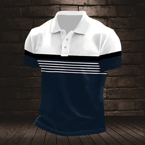 Slim fit men's polo shirt with navy, white, and black color-block stripe design