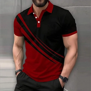 Detail view of men's slim fit polo shirt featuring red and black color block with rib stripes