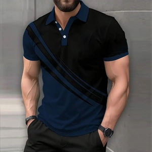 Detail of slim-fit polo shirt showing black and blue contrast panels with diagonal stripes