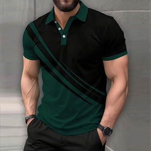 Detailed view of men's slim fit polo shirt with green and black diagonal patchwork design