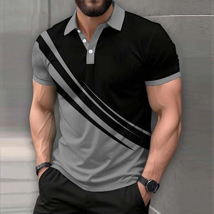 Detail of slim fit polo shirt featuring grey and black patchwork with a ribbed texture