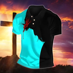 Detail of teal and black polo shirt with thorn crown print on moisture-wicking fabric