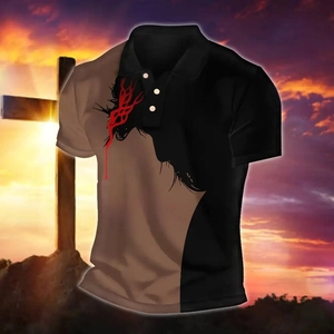 Detail of slim fit men's polo shirt with religious crown pattern and contrast color splicing