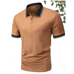 Polo Homme Décontracté Affaires Manches Courtes Col Rayé Contrasté Polyester Respirant Haut d'Été pour Hommes Quotidien