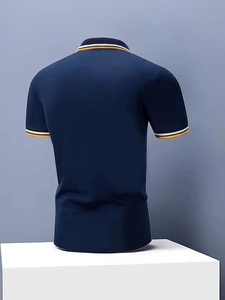 Rear view of a navy slim fit polo shirt with ribbed white and yellow striped trims