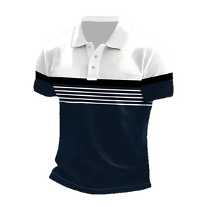 Men's slim fit polo shirt featuring contrast white and navy panels with striped accents