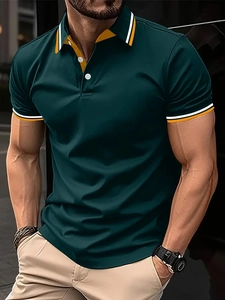 Slim fit men's dark green polo shirt with striped ribbed collar and sleeve cuffs