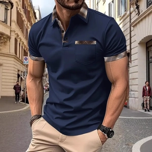 Men's navy blue short sleeve polo shirt with plaid trim on collar and chest pocket