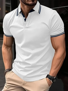 Slim fit men's white polo shirt with navy ribbed striped collar and three-button placket