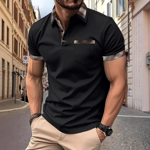 Men's black short sleeve Polo shirt featuring stylish brown plaid patchwork and chest pocket