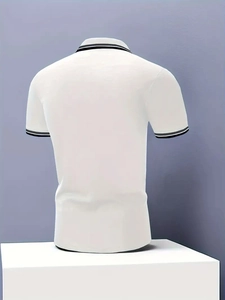 Rear view of white slim fit polo shirt featuring ribbed striped cuffs and collar details