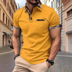 Men's slim fit yellow short sleeve Polo shirt with stylish plaid collar and pocket detail