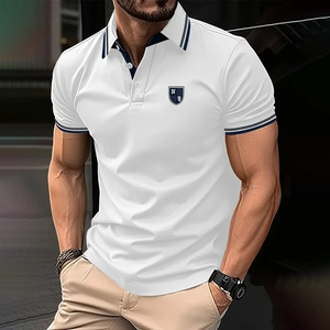 Close-up of ribbed cuffs and collar with stripe details on a white slim fit polo shirt