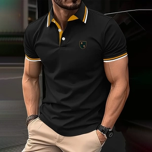 Detailed close-up of a men's slim fit polo shirt with contrast striped collar and logo