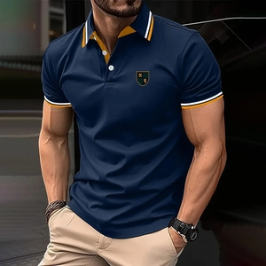Detailed close-up of slim fit polo shirt collar with yellow stripes and shield emblem