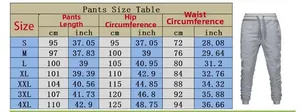 Detailed size chart for men's casual joggers showing length, waist and hip measurements