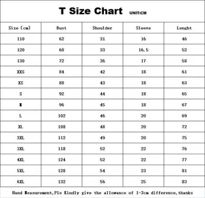 Detailed size chart for street hip-hop t-shirt showing chest and length in centimeters