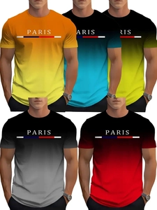 Detail of gradient color crewneck T-shirts with Paris chest print for men