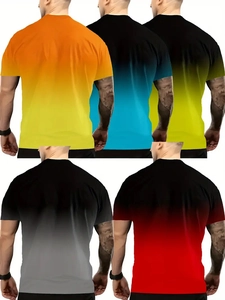 Detail view of men's slim fit crew neck T-shirts featuring various ombre gradient colors