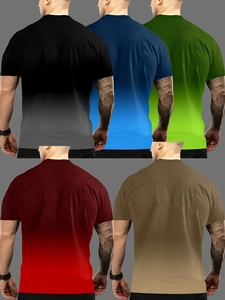 Rear view of men's crew neck t-shirts showing five dual-color gradient style options