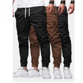 Men's jogger pants in black, brown, and dark grey with drawstring waist and ribbed cuffs