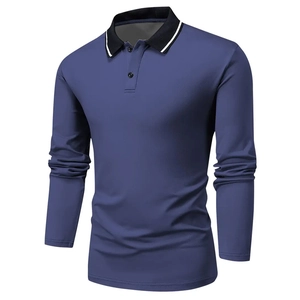 Men's long sleeve polo shirt in navy blue with black collar for spring and autumn