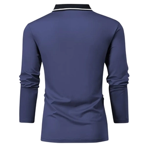 Back view of navy blue long sleeve polo shirt showing ribbed collar and premium fabric texture