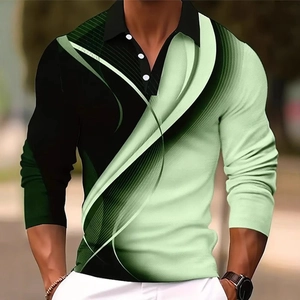 Men Casual Long Sleeve Polo Shirt Geometric Print Turn Down Collar Polyester Button Fashion Top For Daily Urban Wear