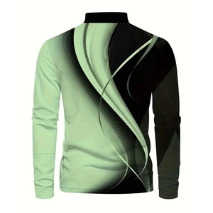 Detail view of men's long-sleeve polo shirt with green gradient abstract wave pattern