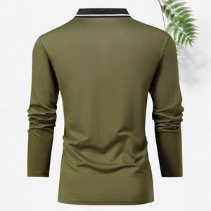 Back view of men's long sleeve polo shirt in olive green with striped collar detail