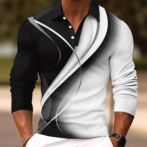 Men's slim fit long sleeve polo shirt with modern black and white geometric pattern