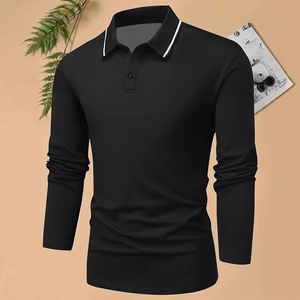 Close-up of black long-sleeve polo shirt featuring a striped ribbed collar and buttons