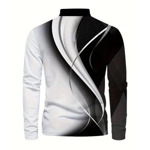 Macro shot of the back view of a men's long-sleeve polo with abstract wave print