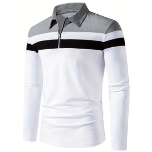 Polo homme à manches longues coupe ajustée avec patchwork tricolore et col zippé