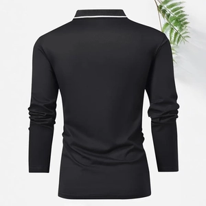 Detail view of black long-sleeve polo shirt back with white striped collar trim