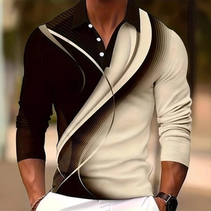 Men's long sleeve polo shirt with brown and black abstract geometric color block pattern