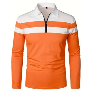 Polo à manches longues pour hommes avec patchwork orange et blanc et col à demi-fermeture