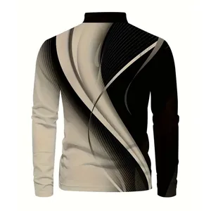 Rear view of men's long-sleeve polo with black and grey gradient flowing line pattern