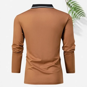 Rear view of brown long sleeve knit polo shirt with striped black collar on white background